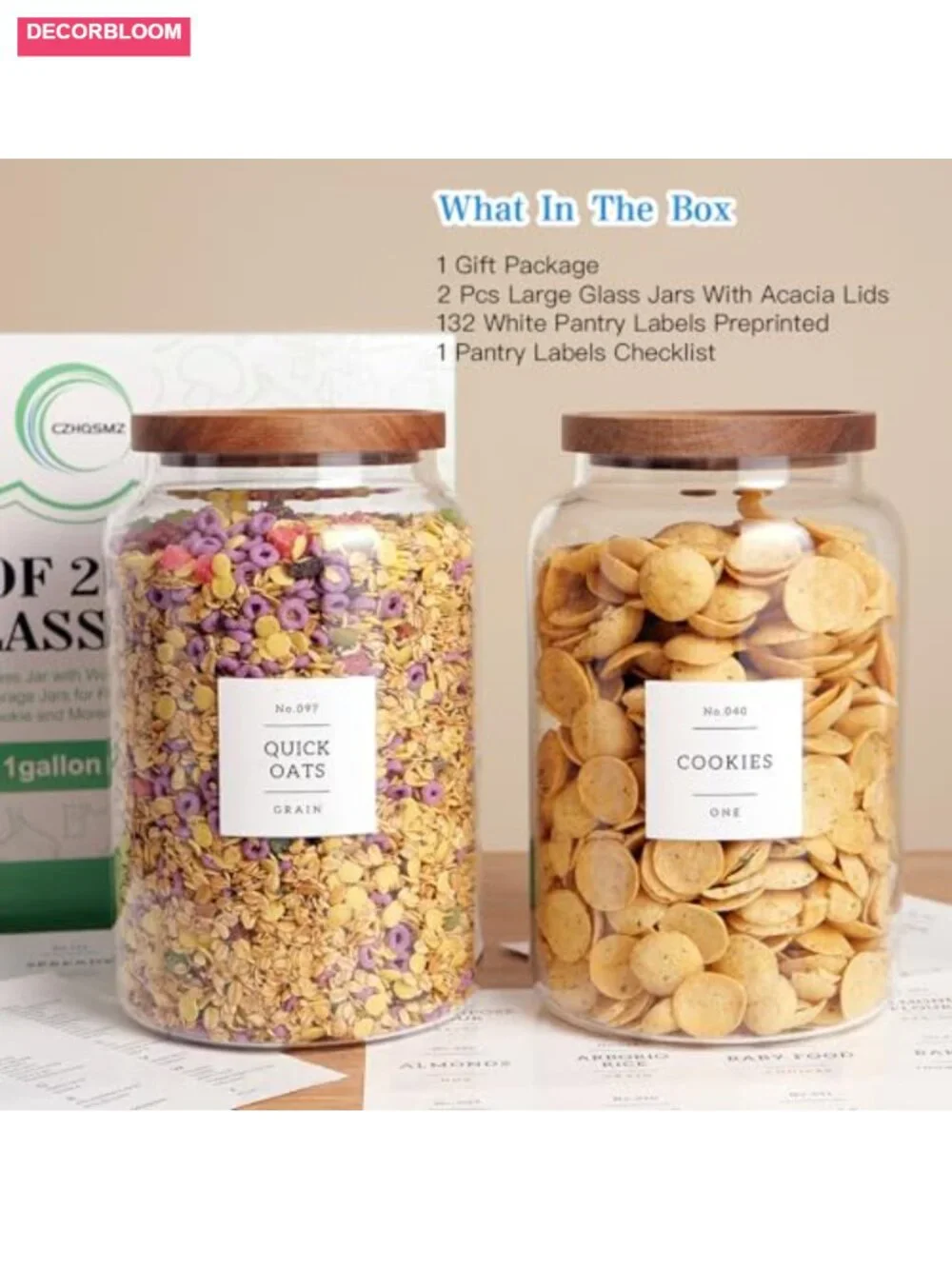 Set of 2 Large Glass Flour and Sugar Containers with 132 Pantry Labels, 1